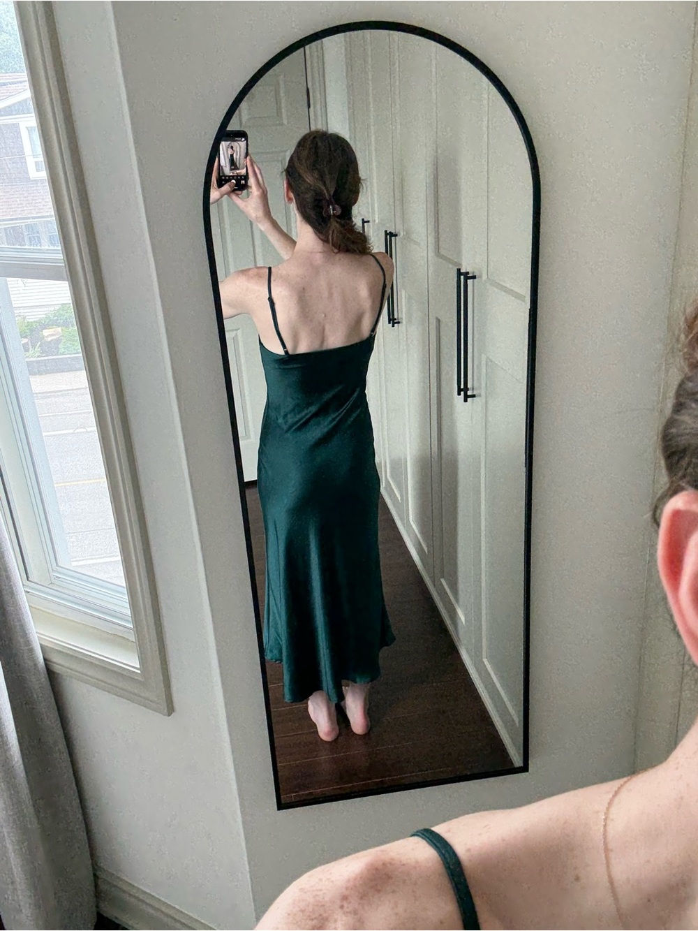 OAK + FORT Satin Slip Midi Dress in Emerald Green - Picture 2 of 7